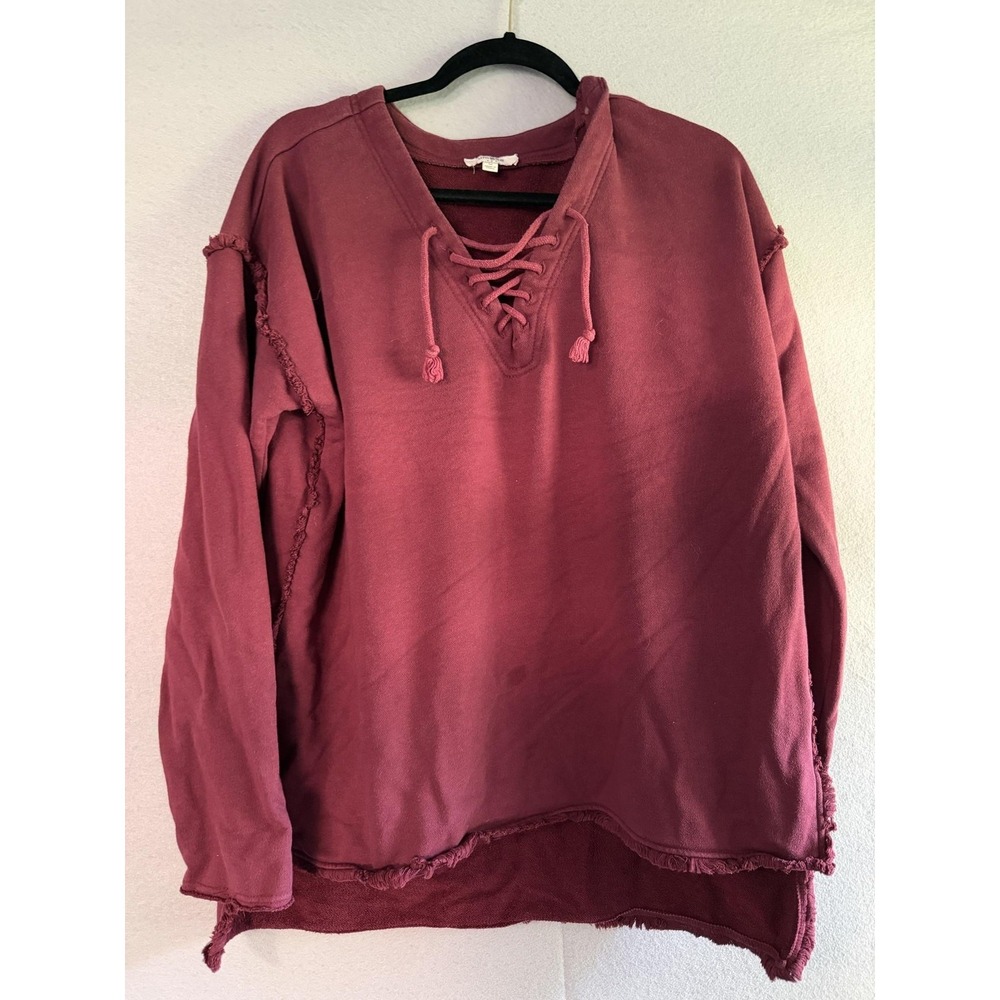Umgee‎ Shirt Womens M Red Lace Up V Neck Fringe Terry Long Sleeve Boho Tunic Top